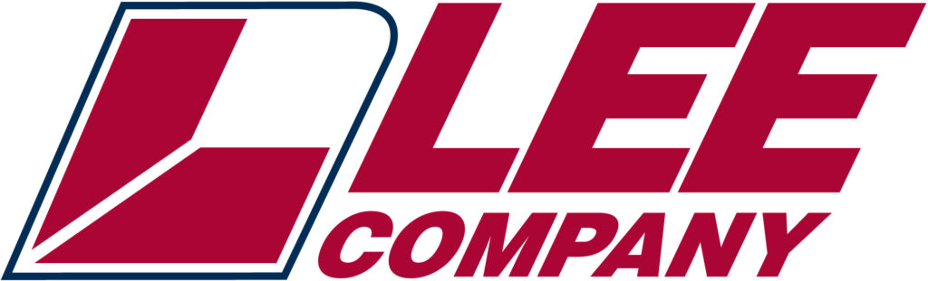 A bold red and navy logo for "lee company" with stylized text and a geometric shape on the left side.