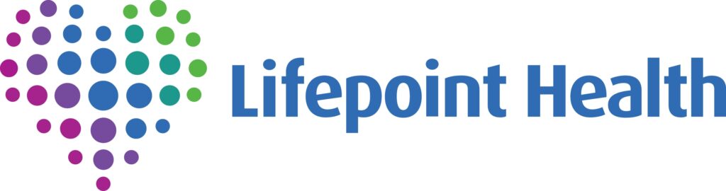 A colorful circular design that transitions from shades of purple to green, followed by the words "lifepoint health" in blue lettering.