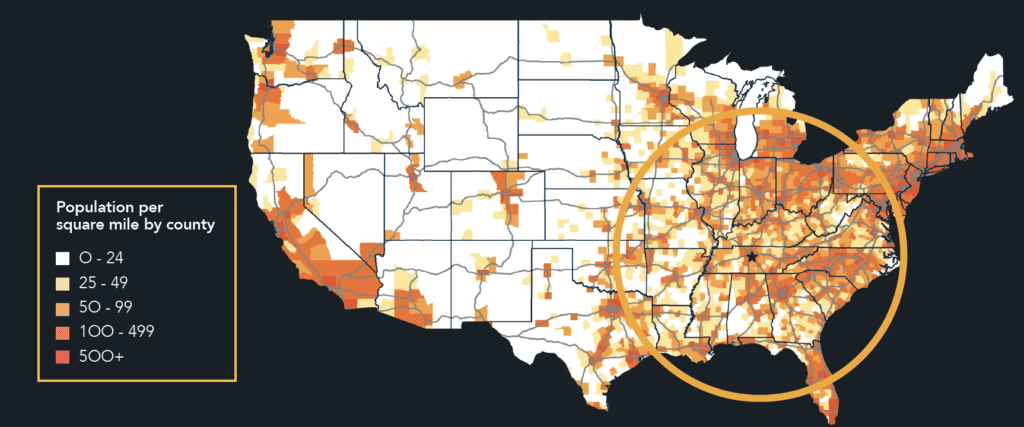 A color-coded population density map of the united states, indicating population per square mile by county, with a focus on a high-density region.