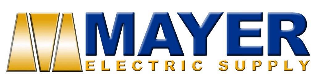 Logo of mayer electric supply featuring bold blue text, accented with a golden graphic that resembles an abstract ‘m’ and the silhouette of a city skyline.