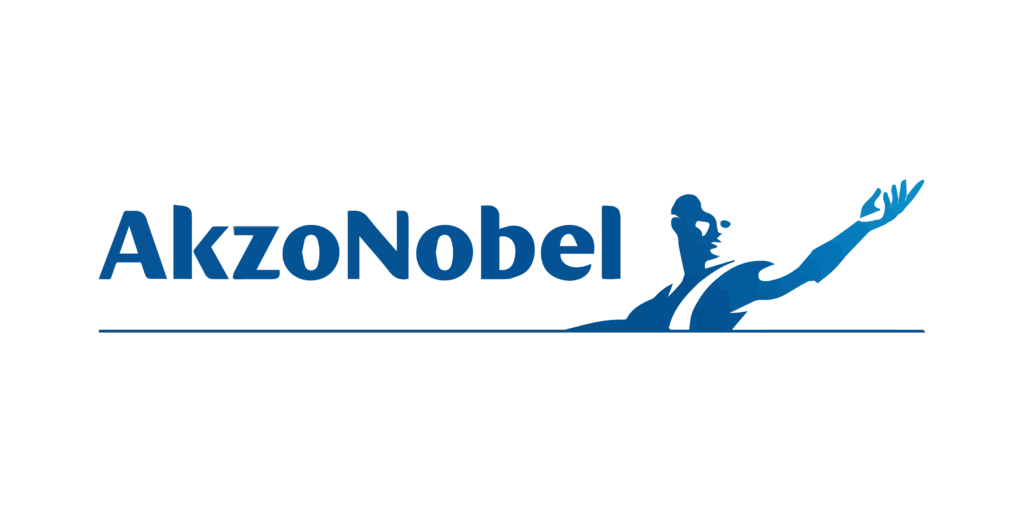 The image is a logo consisting of the text "akzonobel" in a bold, sans-serif typeface, accompanied by a graphic of a person with an outstretched arm, creating a dynamic and flowing silhouette against a clean, white background. the color scheme is a monochromatic blue, conveying a sense of professionalism and depth.