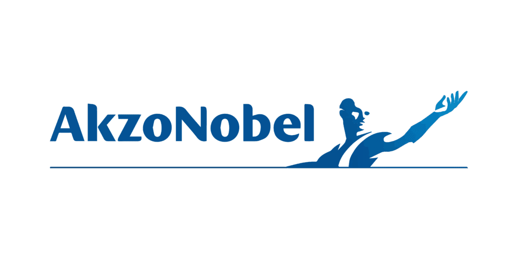 The image is a logo consisting of the text "akzonobel" in a bold, sans-serif typeface, accompanied by a graphic of a person with an outstretched arm, creating a dynamic and flowing silhouette against a clean, white background. the color scheme is a monochromatic blue, conveying a sense of professionalism and depth.