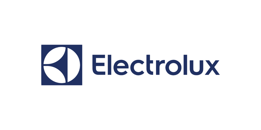 The image shows the logo of electrolux, which consists of a stylized letter 'e' inside a circle next to the word "electrolux." the logo is presented in a blue color scheme against a black background. electrolux is a well-known multinational appliance manufacturer.