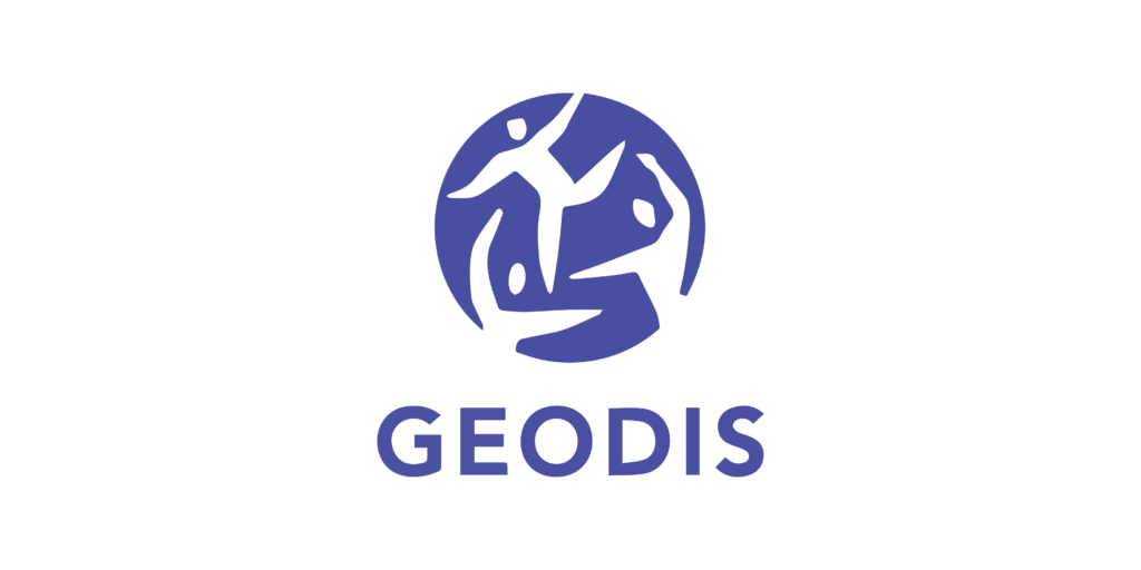 The image displays a logo consisting of a stylized representation of the globe, featuring abstract human figures in motion that form a circular pattern, along with the word "geodis" written in capital letters underneath it. the color theme is a monochromatic shade of blue.