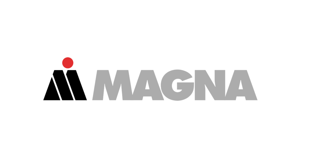 The image shows a logo with the word "magna" in bold, grayscale letters, with two stylized, triangular peaks forming the letter 'm' and a red dot above the peak on the left.