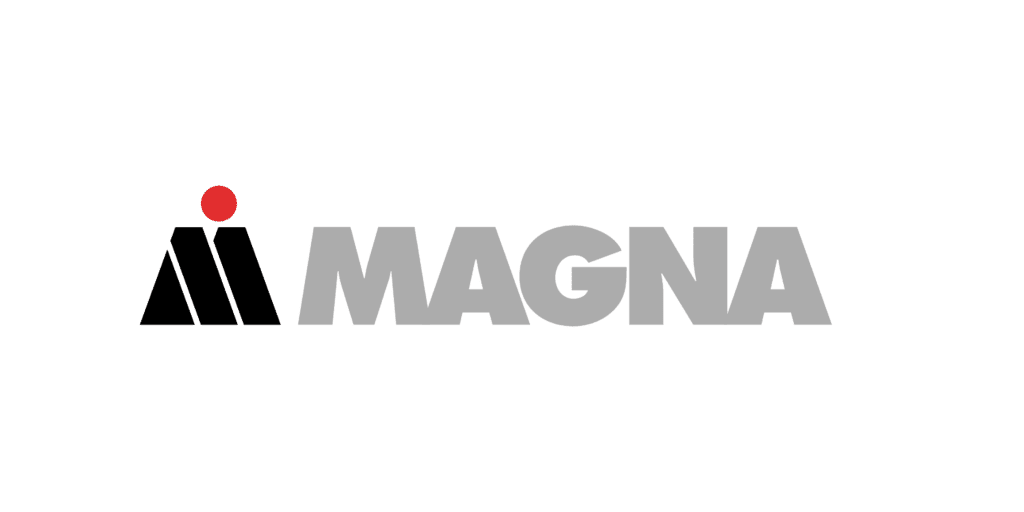 The image shows a logo with the word "magna" in bold, grayscale letters, with two stylized, triangular peaks forming the letter 'm' and a red dot above the peak on the left.