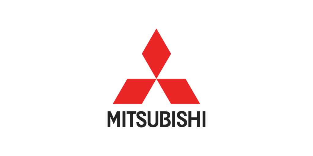The image shows the logo of mitsubishi, consisting of three red diamond shapes arranged to form a larger diamond with the word "mitsubishi" below it in capitalized black letters.