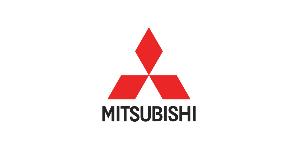 The image shows the logo of mitsubishi, consisting of three red diamond shapes arranged to form a larger diamond with the word "mitsubishi" below it in capitalized black letters.