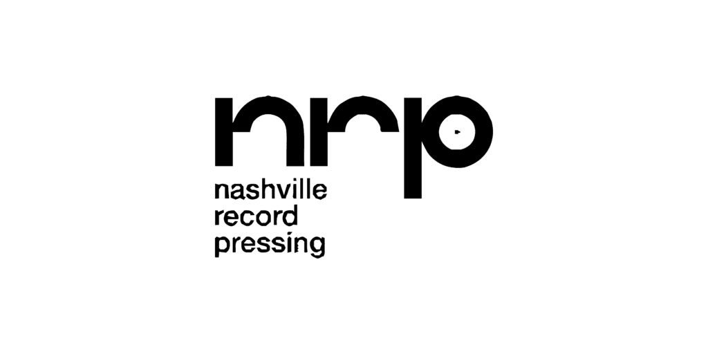 Black and white logo of nashville record pressing, featuring the letters "nrp" with a vinyl record integrated into the letter 'p'.