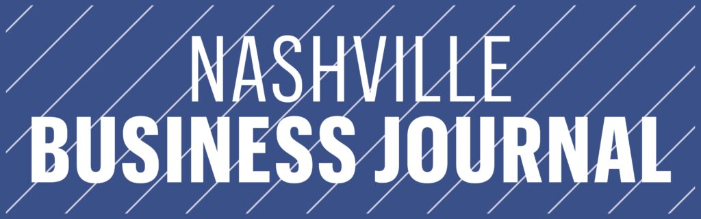 Logo of the nashville business journal on a blue background with diagonal lines.