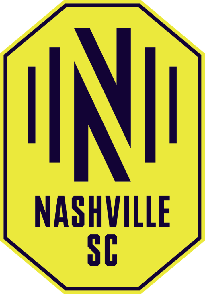 A yellow and blue hexagonal sports logo featuring the letters "n" and "sc," representing the nashville soccer club.