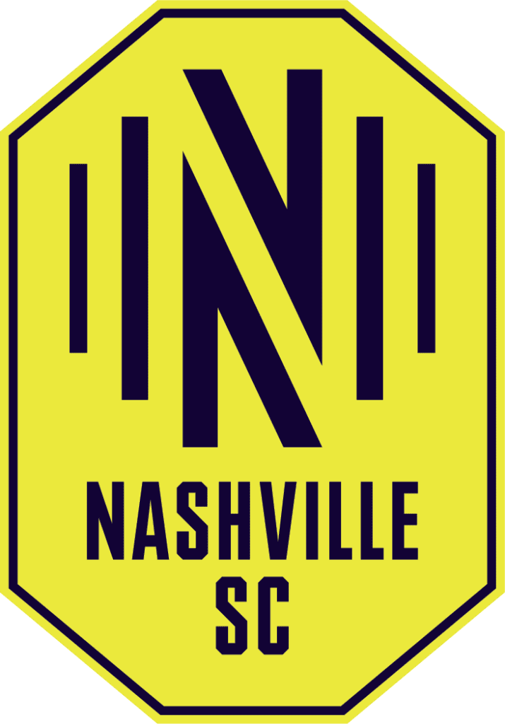 A yellow and blue hexagonal sports logo featuring the letters "n" and "sc," representing the nashville soccer club.