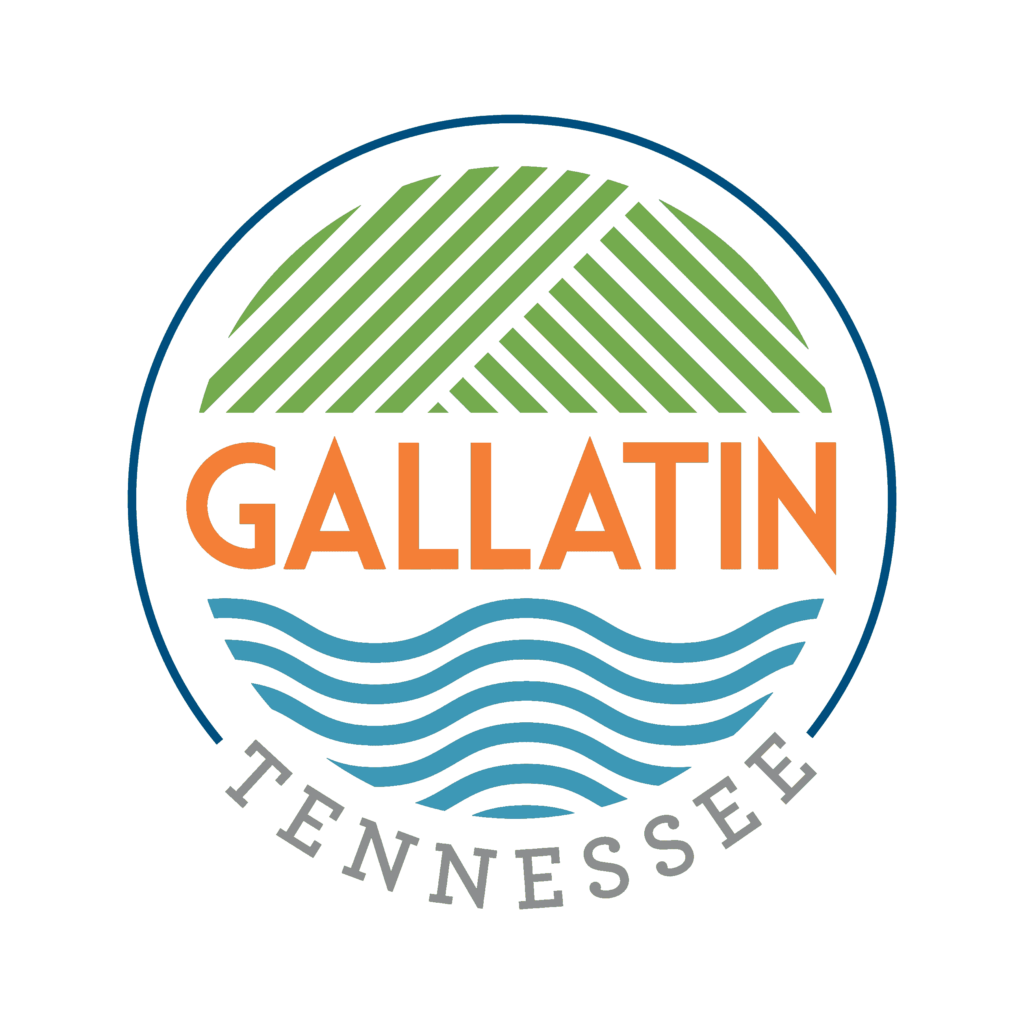 The image features a circular logo with stylized graphical elements. the top half shows green stripes forming a hill-like pattern, and the bottom half displays blue waves representing water. the name "gallatin" is prominently displayed in large, orange block letters across the center, with "tennessee" in smaller blue letters below. the design symbolizes the natural landscape features possibly associated with gallatin, tennessee.
