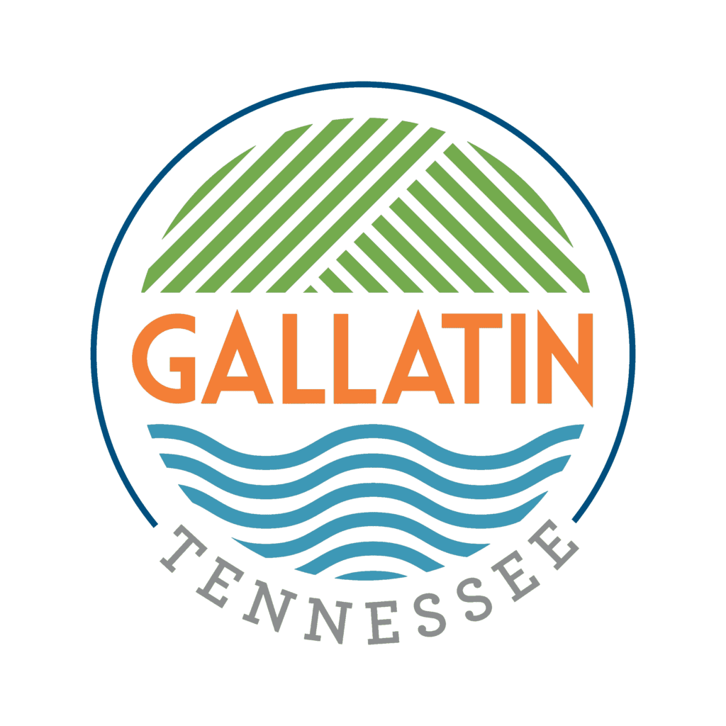 The image features a circular logo with stylized graphical elements. the top half shows green stripes forming a hill-like pattern, and the bottom half displays blue waves representing water. the name "gallatin" is prominently displayed in large, orange block letters across the center, with "tennessee" in smaller blue letters below. the design symbolizes the natural landscape features possibly associated with gallatin, tennessee.