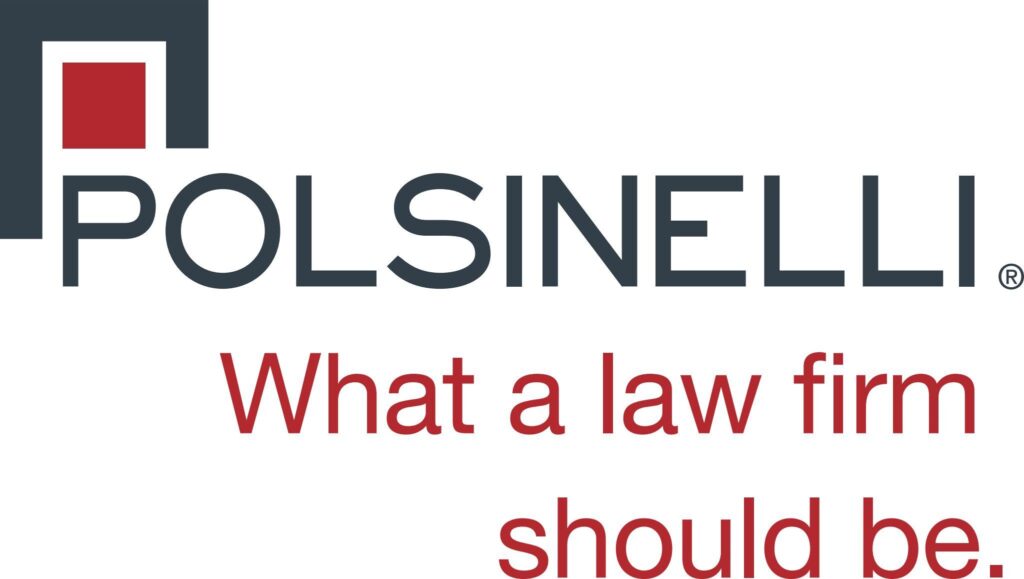 The image shows the logo of polsinelli, which appears to be a law firm, accompanied by the tagline "what a law firm should be.