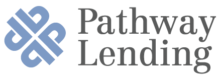 The image displays a logo for "pathway lending," featuring a stylized graphic that resembles a knot or interlinked paths, in a shade of blue, alongside the company name in a sleek, sans-serif font, with the word "pathway" in bold and "lending" in a lighter weight.