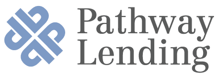 The image displays a logo for "pathway lending," featuring a stylized graphic that resembles a knot or interlinked paths, in a shade of blue, alongside the company name in a sleek, sans-serif font, with the word "pathway" in bold and "lending" in a lighter weight.