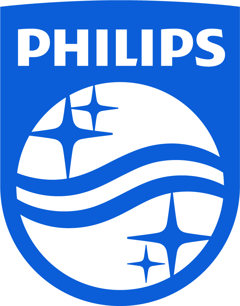 A blue philips logo consisting of bold uppercase letters and a circular emblem with a pattern of stars and waves, symbolizing a dynamic and innovative approach to technology.