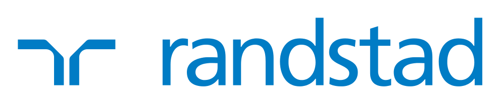 The image features the logo of randstad, a prominent multinational human resource consulting firm, distinguished by its stylized "r" that forms an abstract human shape, in their characteristic blue color palette.