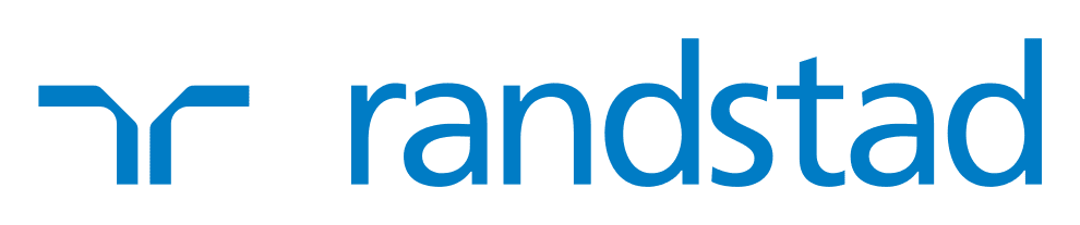 The image features the logo of randstad, a prominent multinational human resource consulting firm, distinguished by its stylized "r" that forms an abstract human shape, in their characteristic blue color palette.