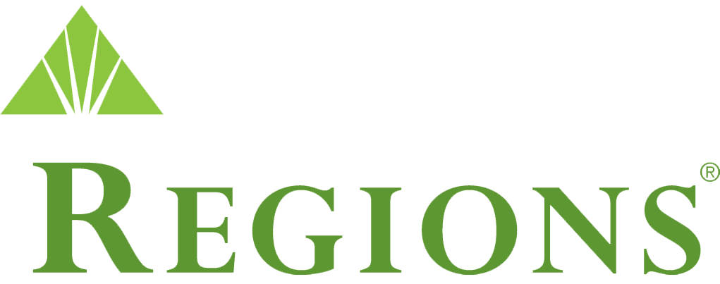 The image displays the logo for regions bank, which consists of a stylized green lettering of the word "regions" with a triangular design above it, suggesting a tree or growth, also in green, followed by a registered trademark symbol.