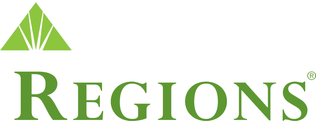 The image displays the logo for regions bank, which consists of a stylized green lettering of the word "regions" with a triangular design above it, suggesting a tree or growth, also in green, followed by a registered trademark symbol.