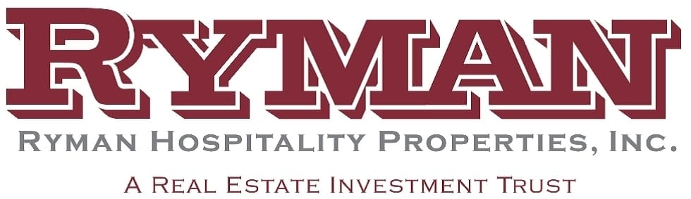 Logo of ryman hospitality properties, inc., showcasing the company's name in bold maroon letters with a tagline indicating its business as a real estate investment trust.