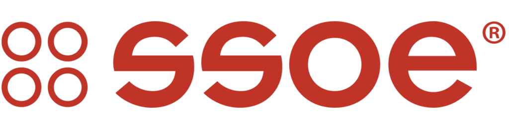The image displays a red and black logo with the letters "ssoe" stylized in bold, red font, with the "o"s designed to resemble abstract, interconnected circles. a registered trademark symbol is visible at the end of the logo, indicating that "ssoe" is a registered brand or company name.