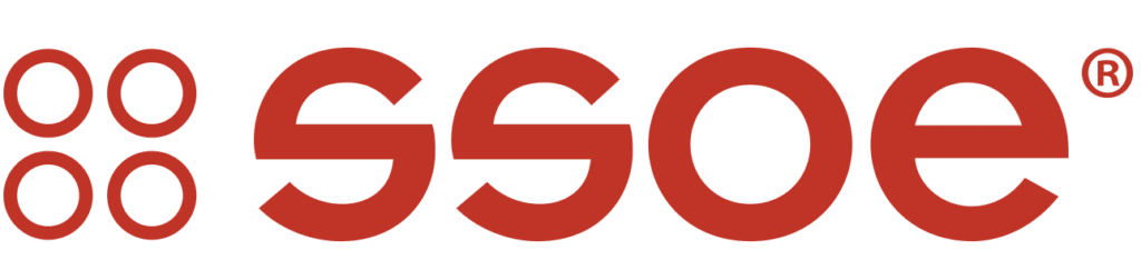 The image displays a red and black logo with the letters "ssoe" stylized in bold, red font, with the "o"s designed to resemble abstract, interconnected circles. a registered trademark symbol is visible at the end of the logo, indicating that "ssoe" is a registered brand or company name.