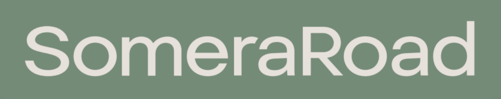 Logo with the text 'someraroad' in a white, bold, modern font set against a dark green background.