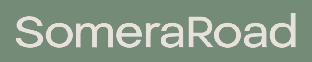 Logo with the text 'someraroad' in a white, bold, modern font set against a dark green background.