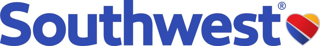 The image displays the logo of southwest airlines, characterized by bold blue lettering and a colorful heart emblem in red, yellow, and blue, representing the airline's brand identity.