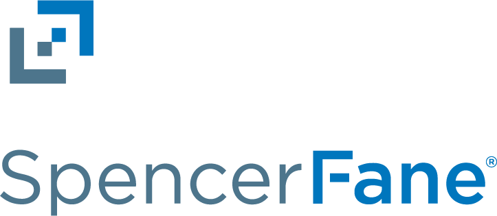 A graphic logo consisting of a stylized "sf" above the words "spencer fane" in blue font.