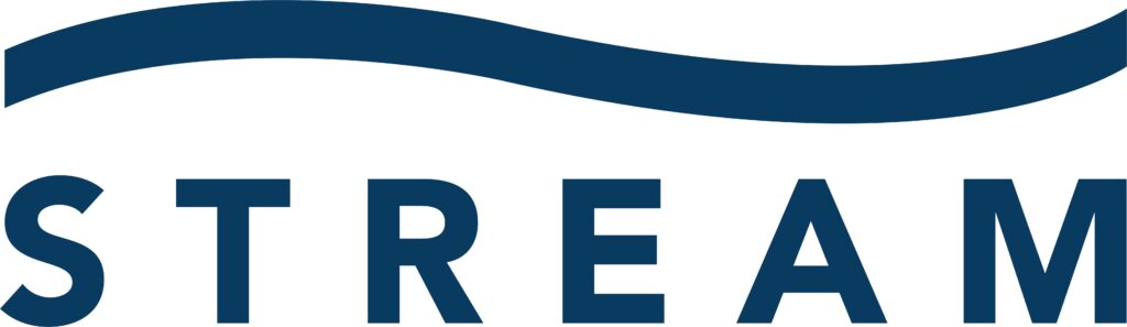 A stylized dark blue logo with the word "stream" in capital letters, where the letter "s" extends into a smooth, wavelike curve above the rest of the text, suggesting the flow of a stream.