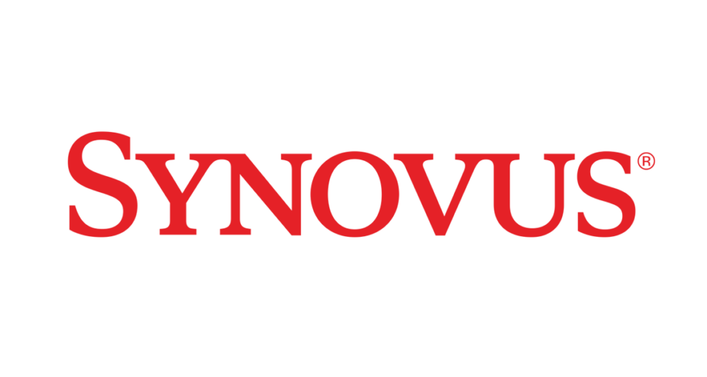 The image displays the logo of synovus, which consists of the word "synovus" in red uppercase letters with a stylized "s" at the beginning. the registered trademark symbol (®) is present at the end of the word, indicating that the logo is a registered trademark.