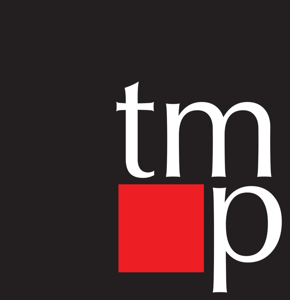 Abstract minimalistic design with overlapping letters 't', 'm', and 'p' in white on a black background, with a solid red square intersecting the letters.