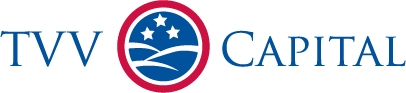 Logo of tvv capital featuring a stylized round emblem with three stars over a swooshing line, flanked by the letters 'tvv' on the left and 'capital' on the right in blue and red.
