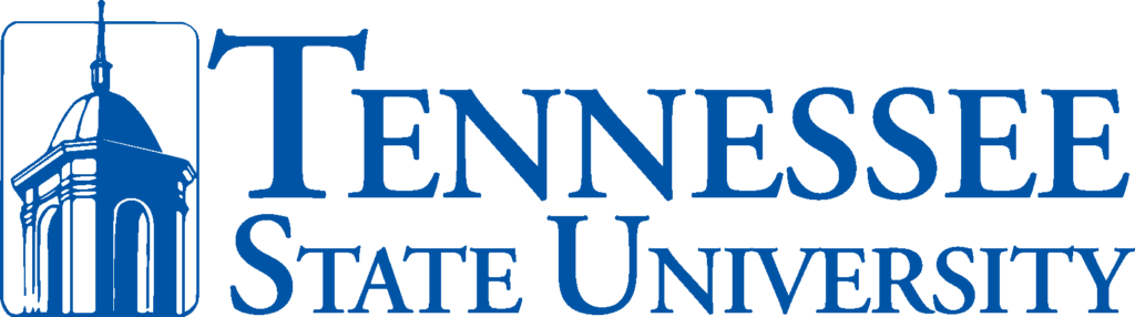 The image shows the logo of tennessee state university, prominently featuring a stylized representation of an architectural structure that suggests a tower or steeple, accompanied by the university's name in a serif typeface.