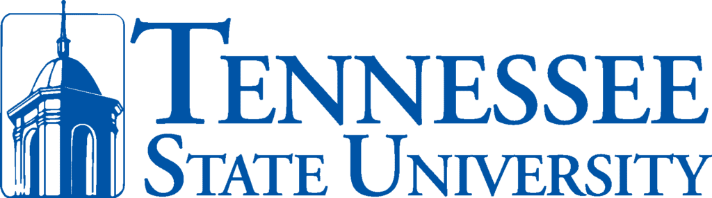 The image shows the logo of tennessee state university, prominently featuring a stylized representation of an architectural structure that suggests a tower or steeple, accompanied by the university's name in a serif typeface.