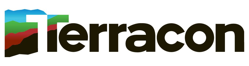 The image shows a logo with the word "terracon" in a bold, sans-serif typeface. the "t" in terracon is stylized with geometric shapes representing layers or cross-sections of the earth, featuring colors like blue, green, and brown, which could symbolize water, vegetation, and soil or rock, respectively. the design encapsulates themes of geology, construction, or environmental services.
