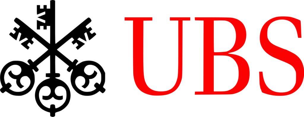 The image features the logo of ubs, which is a global firm providing financial services in over 50 countries. the logo is comprised of three keys initials "ubs" in a bold, red sans-serif font on a black background.