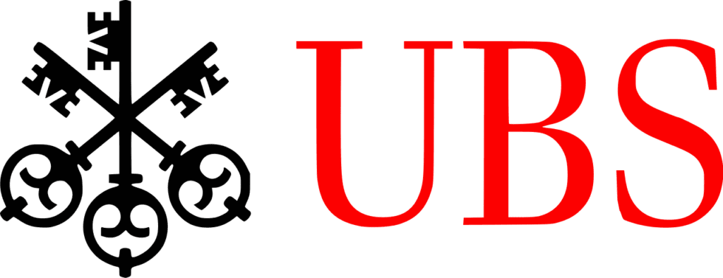 The image features the logo of ubs, which is a global firm providing financial services in over 50 countries. the logo is comprised of three keys initials "ubs" in a bold, red sans-serif font on a black background.