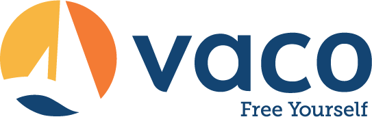 The image displays the logo of vaco, a company, with its tagline 'free yourself' underneath. the logo consists of a stylized word 'vaco' in uppercase letters with a graphical element above it featuring slices of colors forming a circle, suggesting a dynamic or holistic approach.
