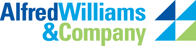 The image displays the logo of alfred williams & company, featuring stylized text in blue along with a graphic element that includes blue and green colors.