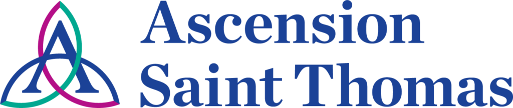 Logo of ascension saint thomas featuring a stylized "a" with a cross within the negative space and a color gradient, accompanied by the organization's name in blue serif and sans-serif type.