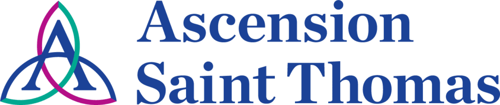 Logo of ascension saint thomas featuring a stylized "a" with a cross within the negative space and a color gradient, accompanied by the organization's name in blue serif and sans-serif type.