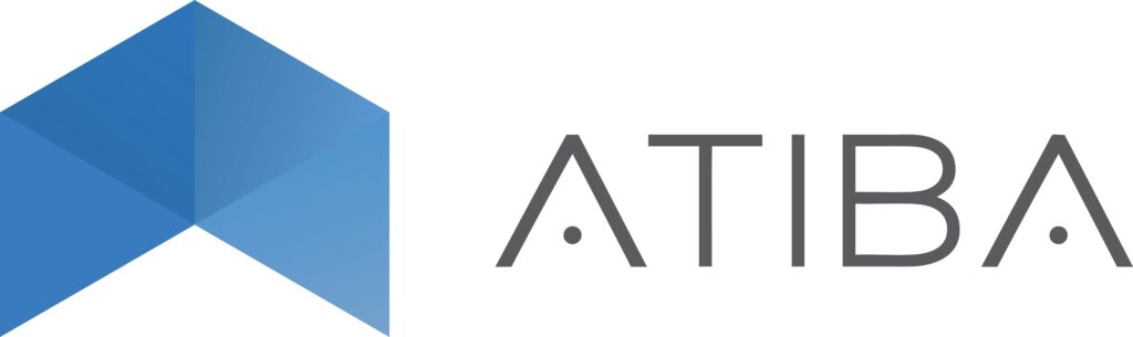 A blue geometric logo next to the capitalized word "atiba.