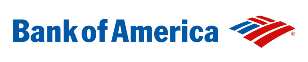 The image displays the logo of bank of america, which consists of the company's name written in blue font alongside a graphic element depicting a pattern of red and blue horizontal stripes.
