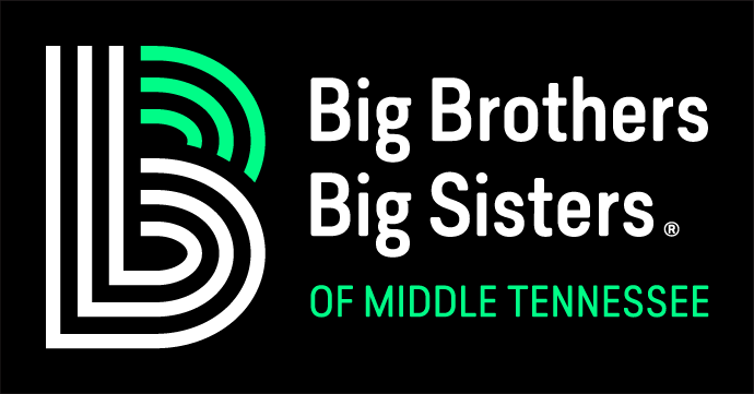 Logo of big brothers big sisters of middle tennessee featuring bold lettering with accompanying geometric design on the left side, embodying a sense of connectivity and support, set against a black background.