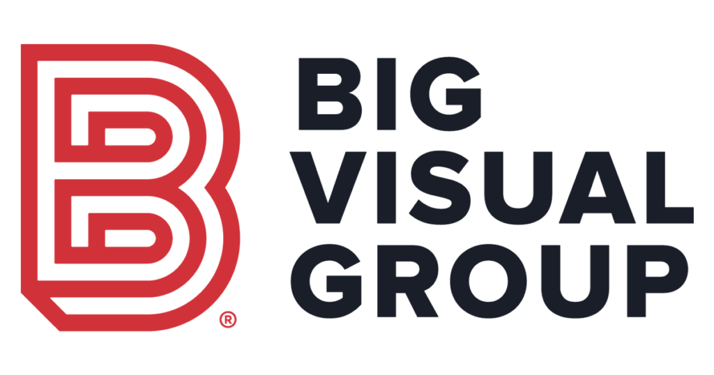 The image displays the logo of big visual group, featuring bold red and black lettering with a stylized "b" emblem on the left side.
